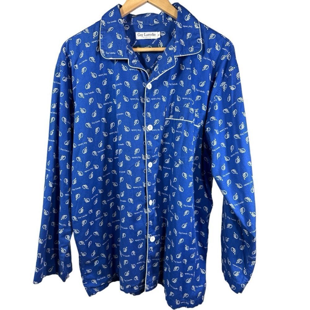 GUY LAROCHE Men's Vintage Cotton Logo Print Button Down Pajama Top Blue Size 5